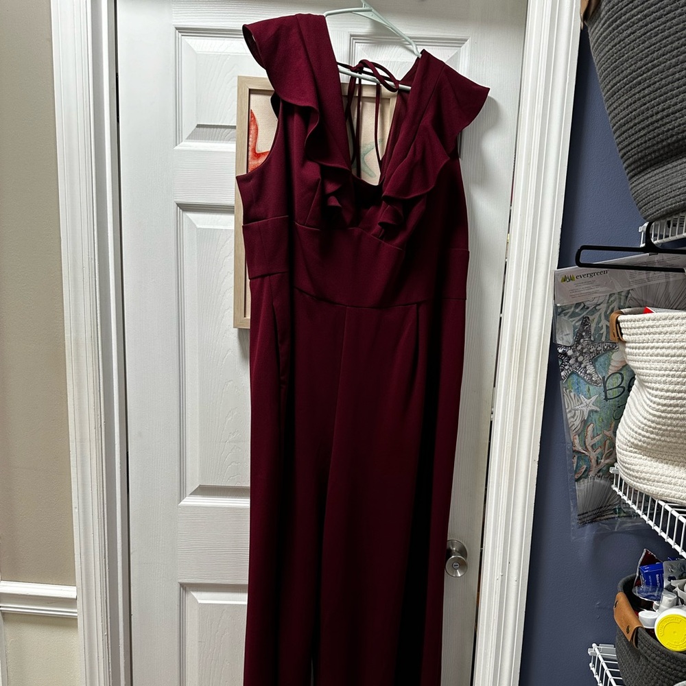 David’s Bridal jumpsuit with beaded wrap.